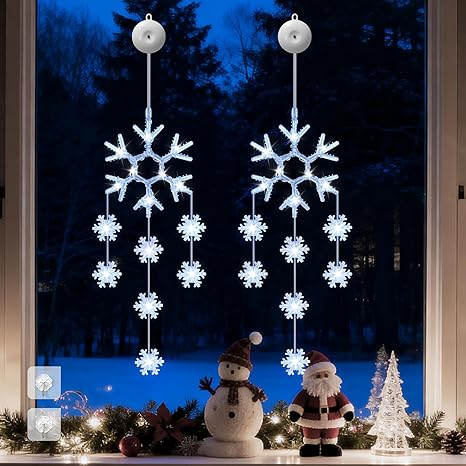 Christmas Window Lights, 2pcs LED Snowflake Curtain Fairy Lights with 8 Modes, Christmas String Lights Battery Powered for Indoor Outdoor Window Wedding Xmas Party Decorations (White)