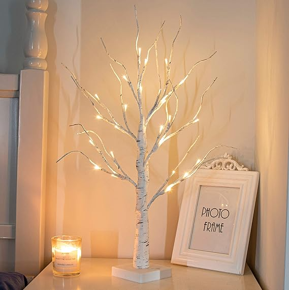 Vanthylit White Twig Christmas Tree with Lights 2FT Tabletop Birch Tree with 24 Warm White LEDs Battery Operated LED Birch Tree for Home Party Wedding Easter Christmas Decoration