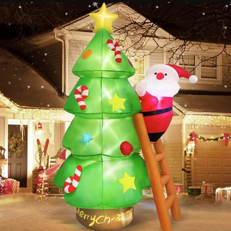 7ft Christmas Inflatables Santa Claus Climbs the Ladder Christmas Tree Top Star Decorations New Year Party Outdoor Yard Decor