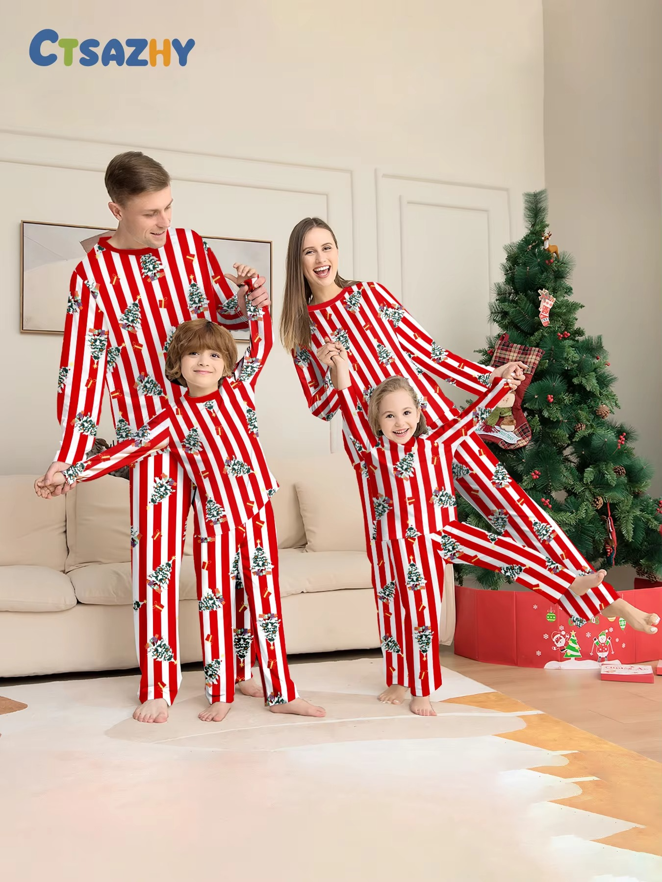 Xmas Sleepwear - Red - White Striped Christmas Tree Printed Pajamas