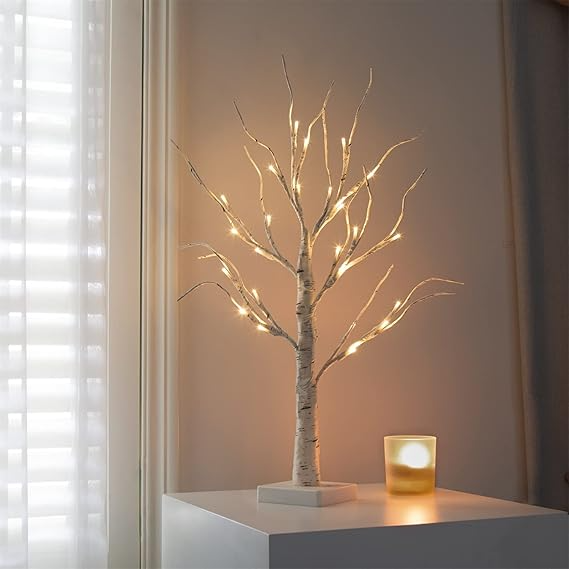Vanthylit White Twig Christmas Tree with Lights 2FT Tabletop Birch Tree with 24 Warm White LEDs Battery Operated LED Birch Tree for Home Party Wedding Easter Christmas Decoration