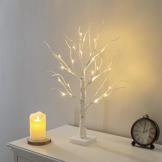Vanthylit White Twig Christmas Tree with Lights 2FT Tabletop Birch Tree with 24 Warm White LEDs Battery Operated LED Birch Tree for Home Party Wedding Easter Christmas Decoration