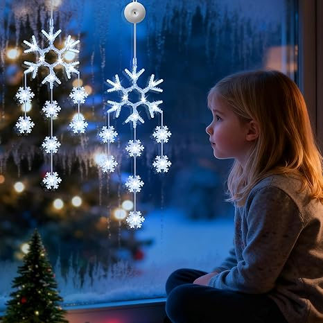 Christmas Window Lights, 2pcs LED Snowflake Curtain Fairy Lights with 8 Modes, Christmas String Lights Battery Powered for Indoor Outdoor Window Wedding Xmas Party Decorations (White)
