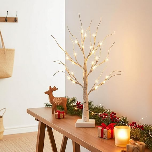 Vanthylit White Twig Christmas Tree with Lights 2FT Tabletop Birch Tree with 24 Warm White LEDs Battery Operated LED Birch Tree for Home Party Wedding Easter Christmas Decoration