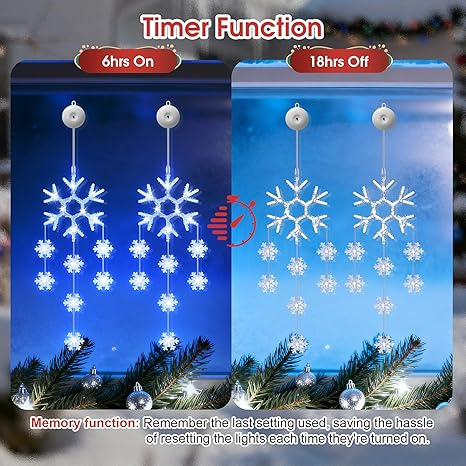 Christmas Window Lights, 2pcs LED Snowflake Curtain Fairy Lights with 8 Modes, Christmas String Lights Battery Powered for Indoor Outdoor Window Wedding Xmas Party Decorations (White)
