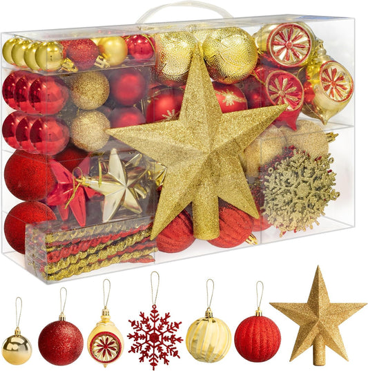 08 Pieces Christmas Baubles Set - Assorted Baubles - Gold & Red Decorations - Shatterproof Hanging Ornaments for Christmas Decorations