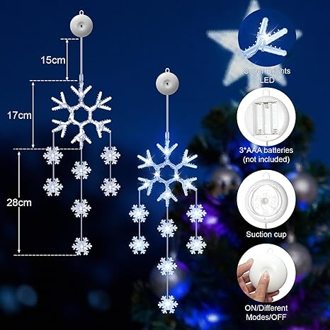 Christmas Window Lights, 2pcs LED Snowflake Curtain Fairy Lights with 8 Modes, Christmas String Lights Battery Powered for Indoor Outdoor Window Wedding Xmas Party Decorations (White)