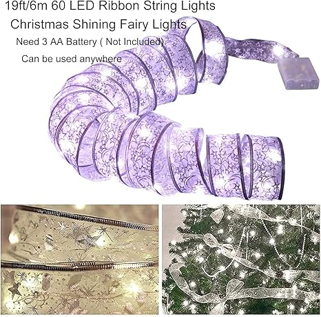 Christmas Tree Ribbon Lights - 19ft/6m 60 LED Waterproof Fairy Lights for Decorations, Curtain, Hanging, Bedroom Wall, Garden, Patio - 6m Cable Length