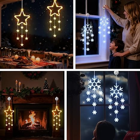 Christmas Window Lights, 2pcs LED Snowflake Curtain Fairy Lights with 8 Modes, Christmas String Lights Battery Powered for Indoor Outdoor Window Wedding Xmas Party Decorations (White)