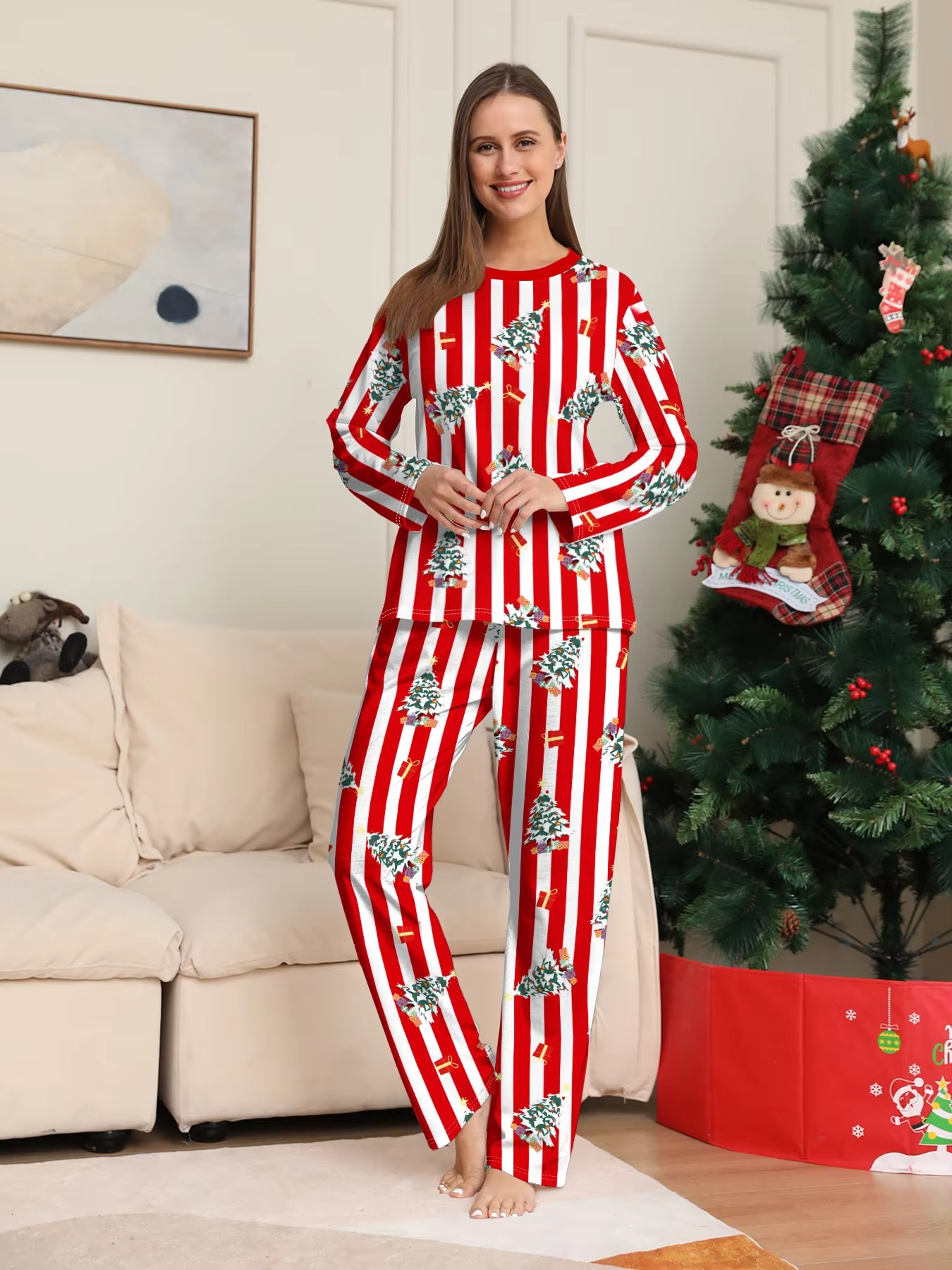 Xmas Sleepwear - Red - White Striped Christmas Tree Printed Pajamas