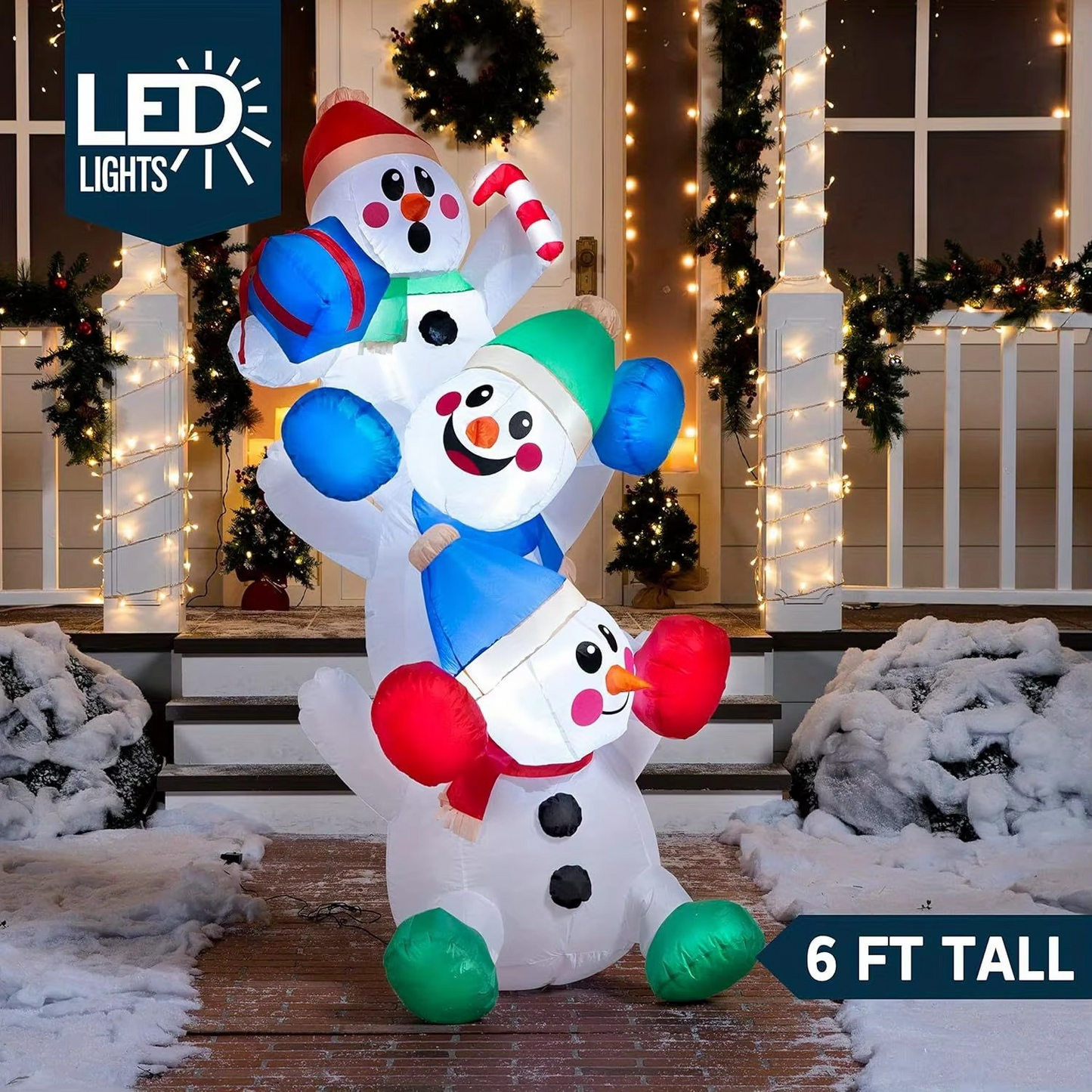 JOYFY 6 FT Christmas Inflatable Decoration Stacked Snowman with Build-in LEDs Blow Up for Xmas Party Outdoor Christmas Décor