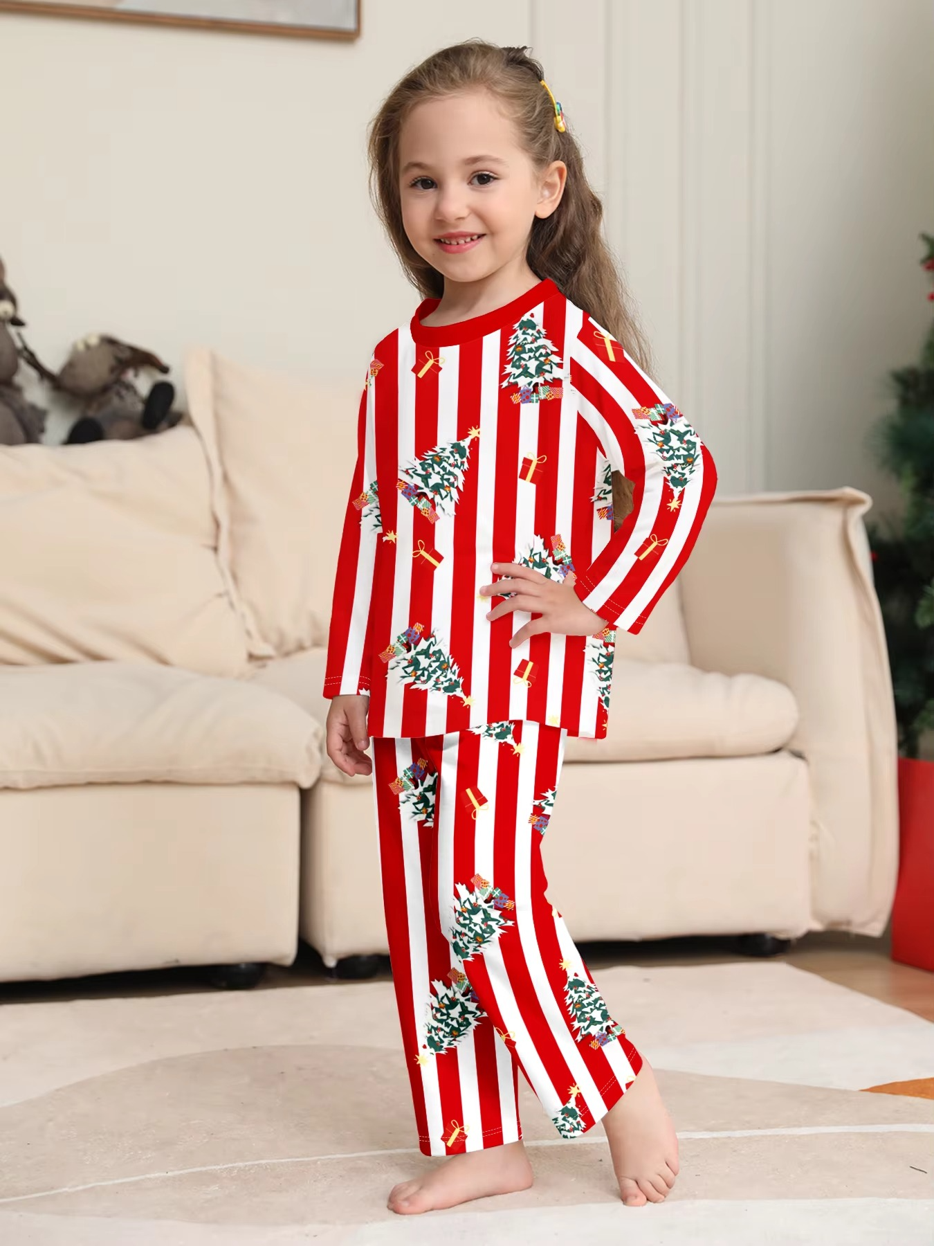 Xmas Sleepwear - Red - White Striped Christmas Tree Printed Pajamas