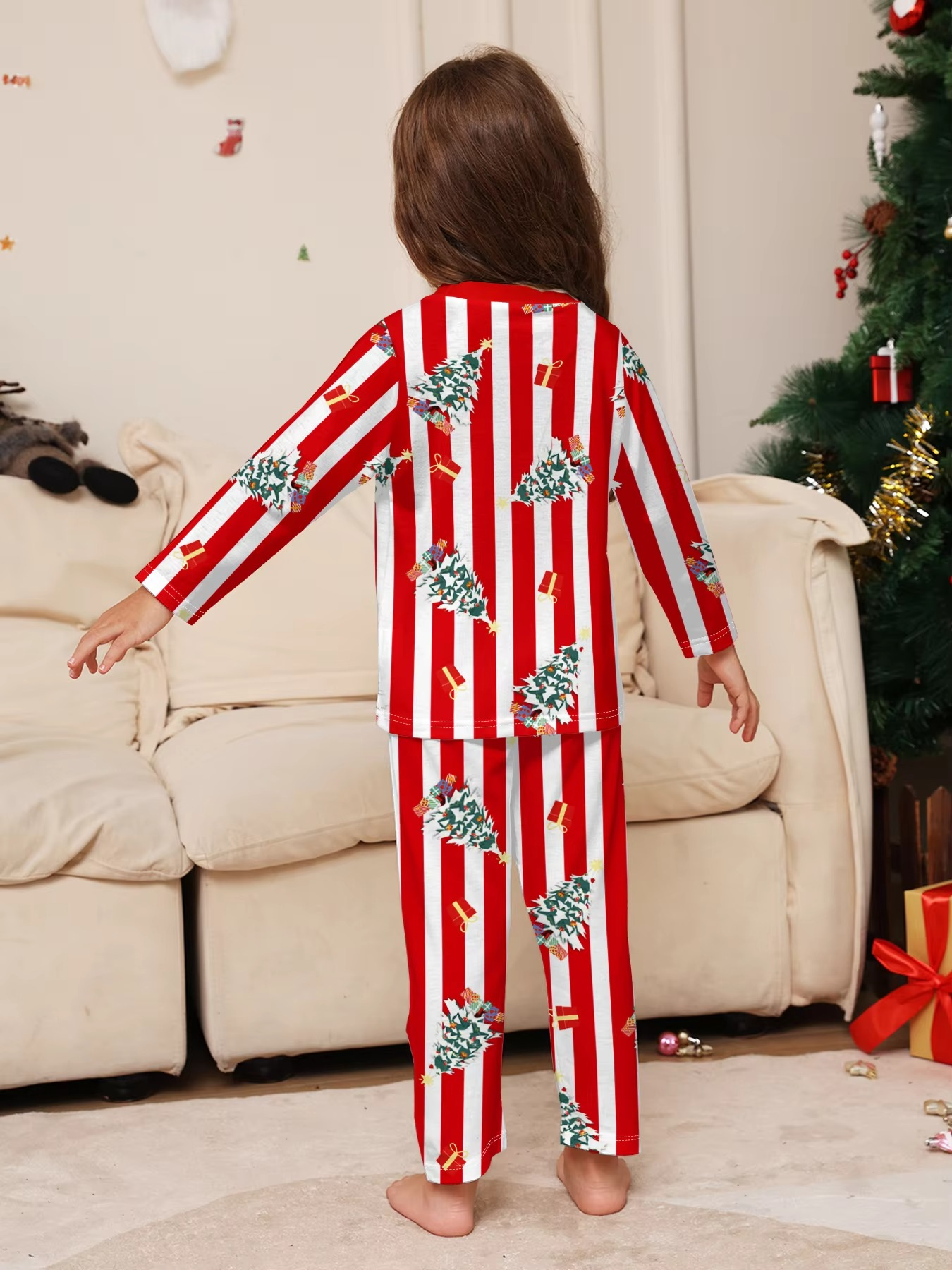 Xmas Sleepwear - Red - White Striped Christmas Tree Printed Pajamas