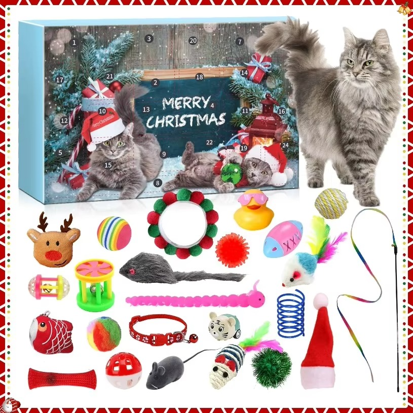 New 2025 Christmas Advent Calendar 24-Grid Cat Toys Christmas Countdown Blind Box Christmas Decorations Pet Surprise Blind Box