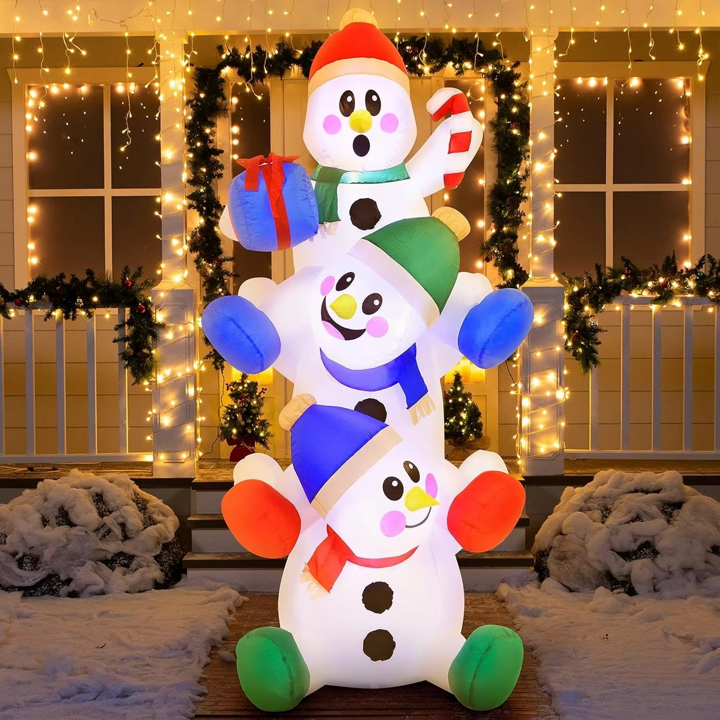 JOYFY 6 FT Christmas Inflatable Decoration Stacked Snowman with Build-in LEDs Blow Up for Xmas Party Outdoor Christmas Décor