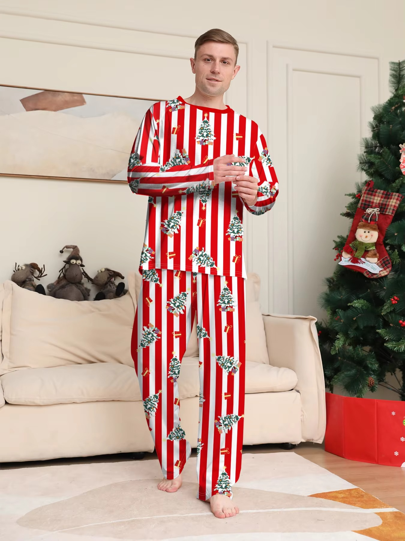 Xmas Sleepwear - Red - White Striped Christmas Tree Printed Pajamas