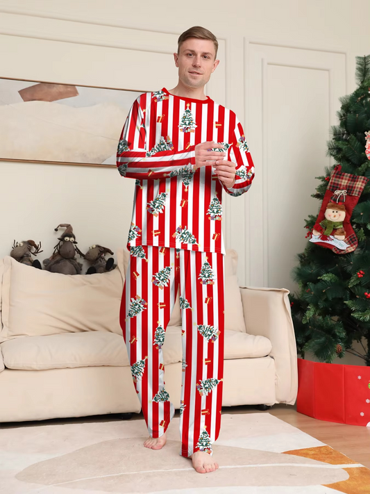 Xmas Sleepwear - Red - White Striped Christmas Tree Printed Pajamas