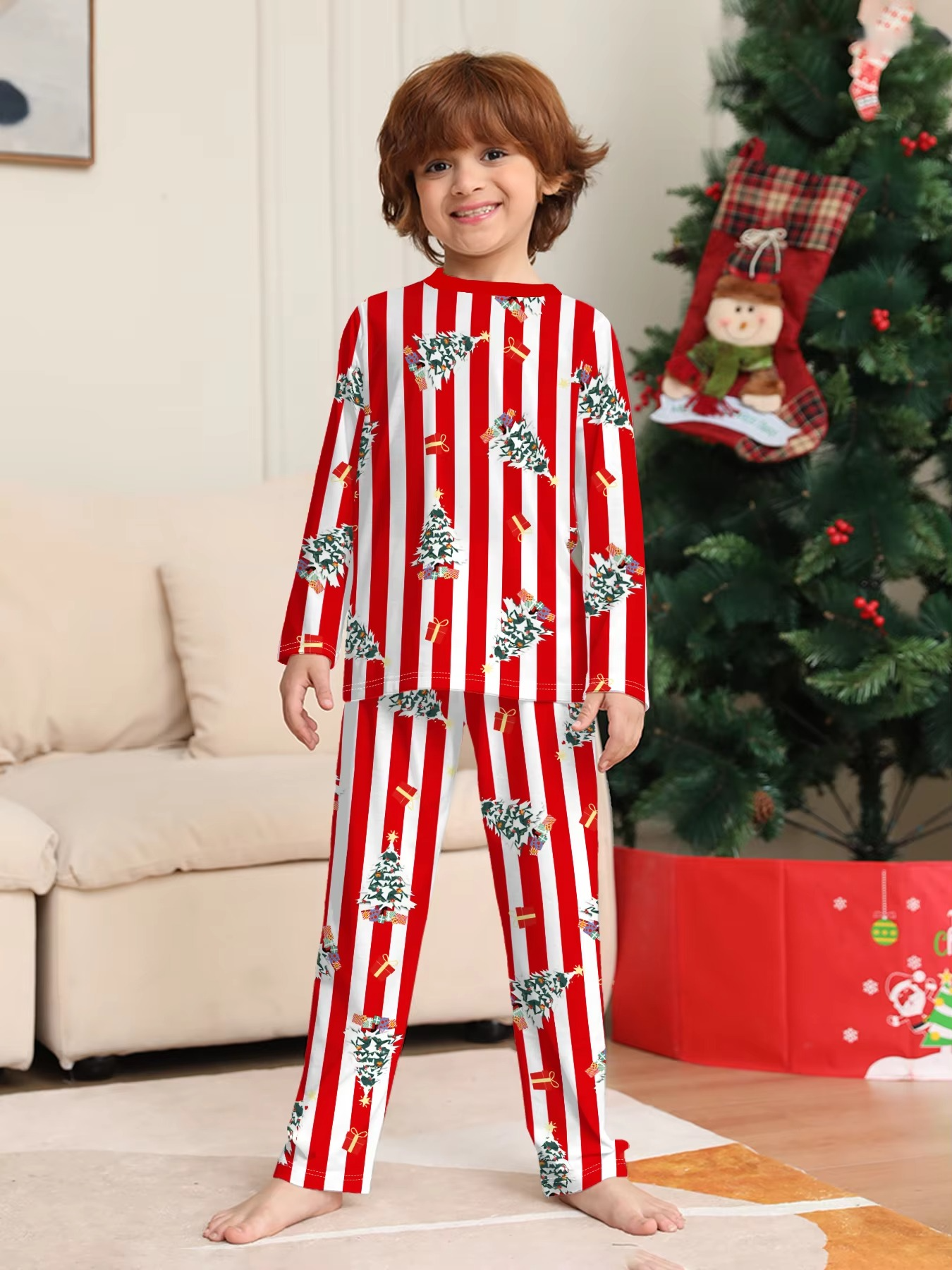 Xmas Sleepwear - Red - White Striped Christmas Tree Printed Pajamas