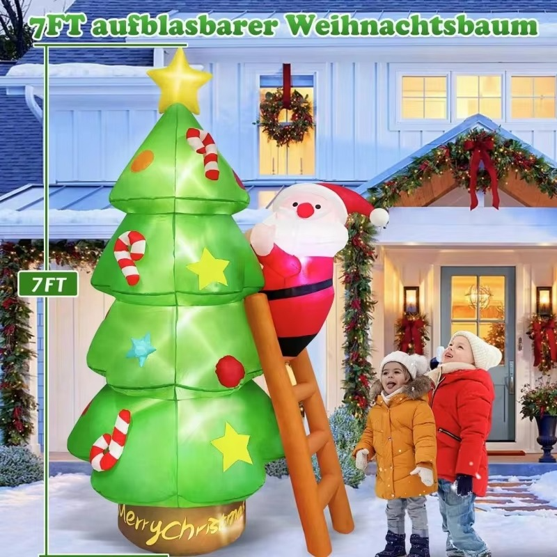 7ft Christmas Inflatables Santa Claus Climbs the Ladder Christmas Tree Top Star Decorations New Year Party Outdoor Yard Decor