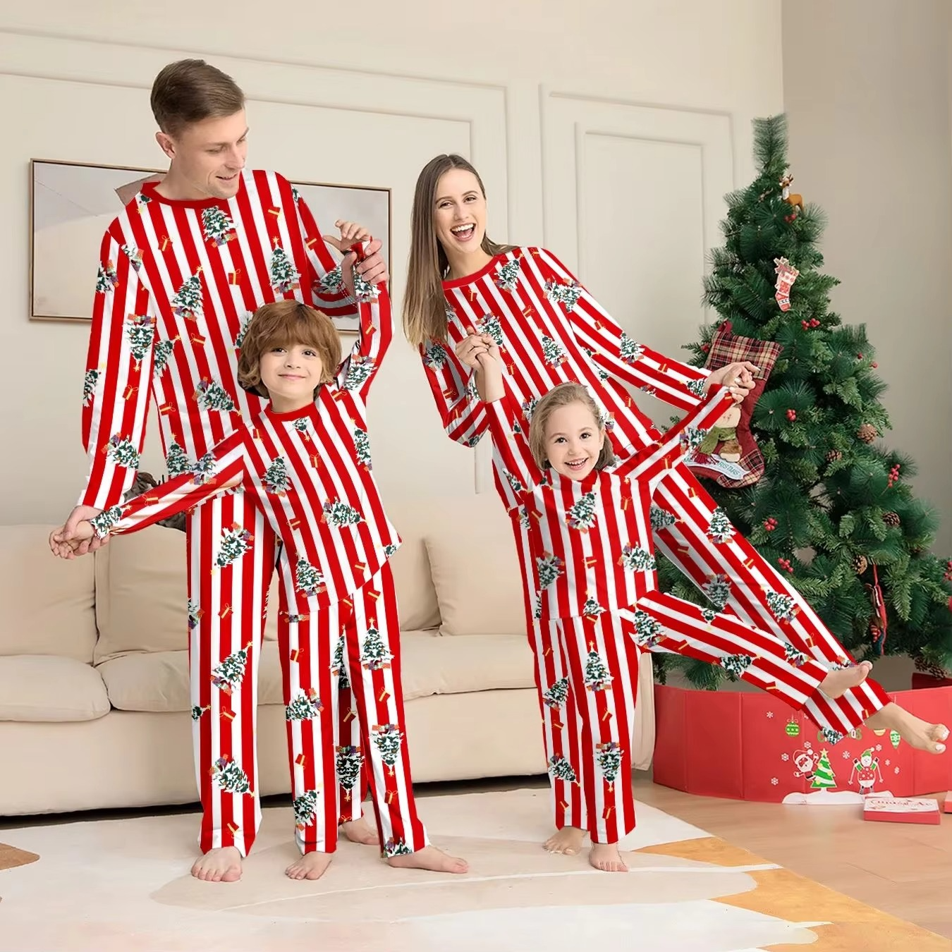 Xmas Sleepwear - Red - White Striped Christmas Tree Printed Pajamas