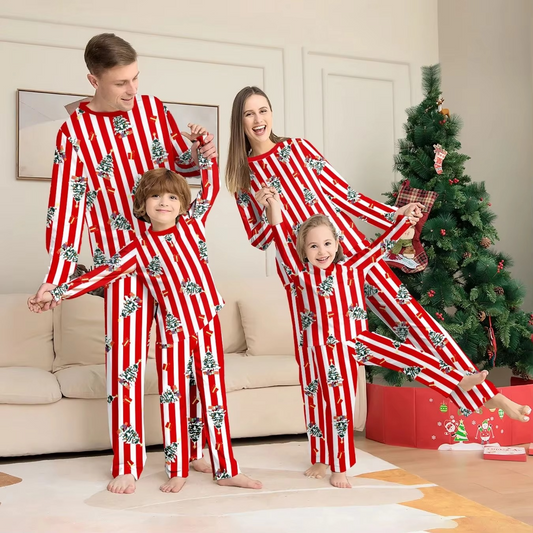 Xmas Sleepwear - Red - White Striped Christmas Tree Printed Pajamas