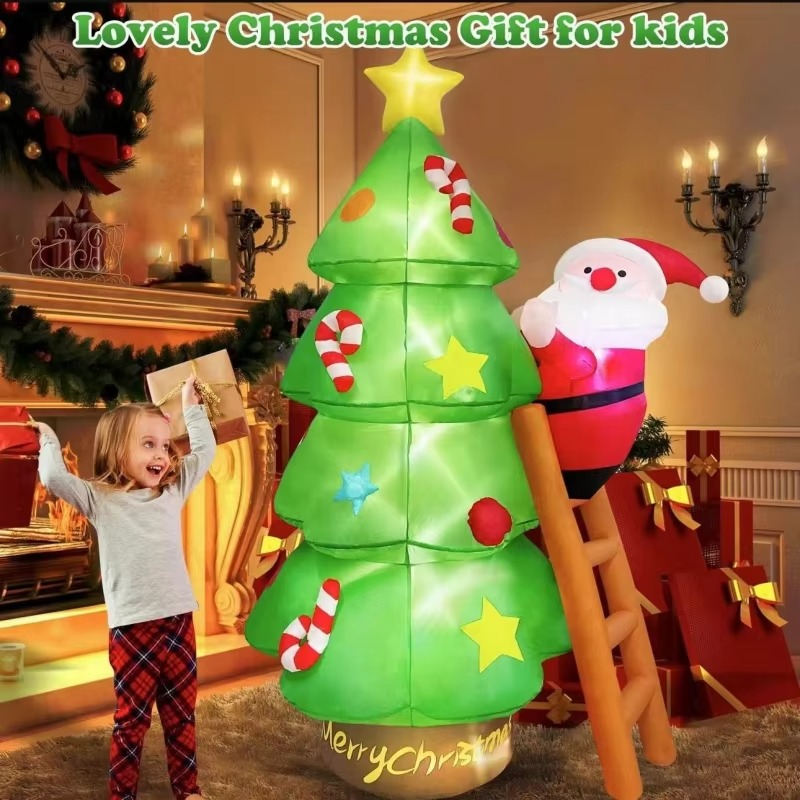 7ft Christmas Inflatables Santa Claus Climbs the Ladder Christmas Tree Top Star Decorations New Year Party Outdoor Yard Decor