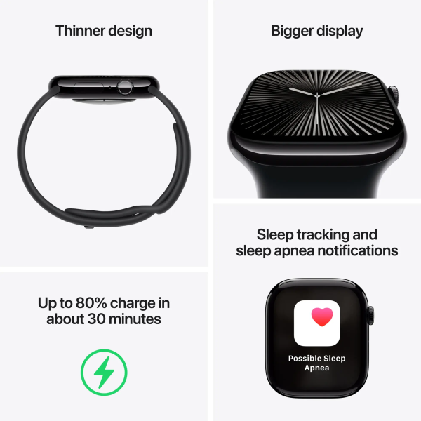 Apple Watch Series 10 (GPS) 46mm Aluminum Case with Black Sport Band - M/L - Jet Black - (2024) - Image 6